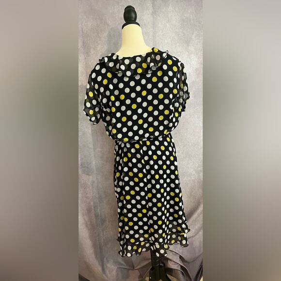 JBS Navy Blue Sheer Polka Dot Blouson Dress Yellow & White Dots Ruffled Hem 18WP - Picture 7 of 10